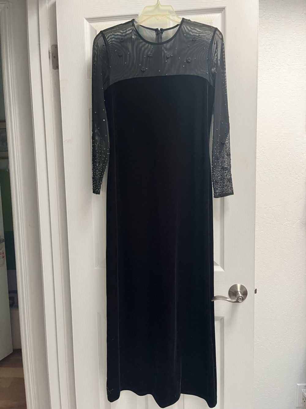 Black Long-Sleeve Beaded Velvet Maxi Dress